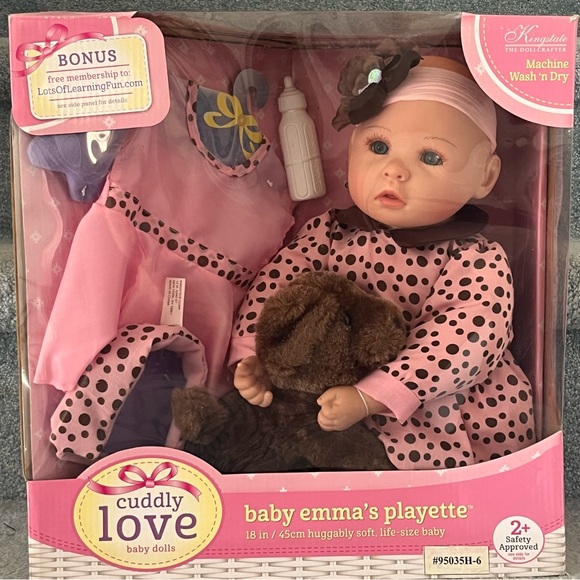 New! Kingstate Cuddly Love Baby Emma's Playette - Soft Baby Doll in Pink/Brown - Picture 1 of 5